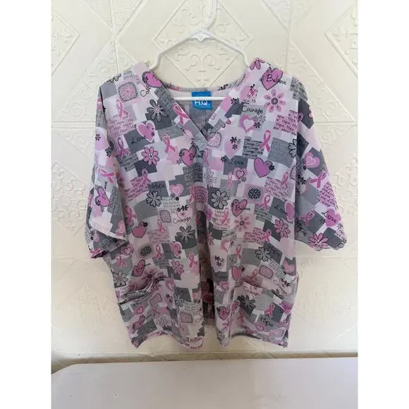 Scrub HQ 2 XL Scrub Top Cancer pinks short sleeve 28" pit to pit v-neck 3 pocket - Picture 9 of 10